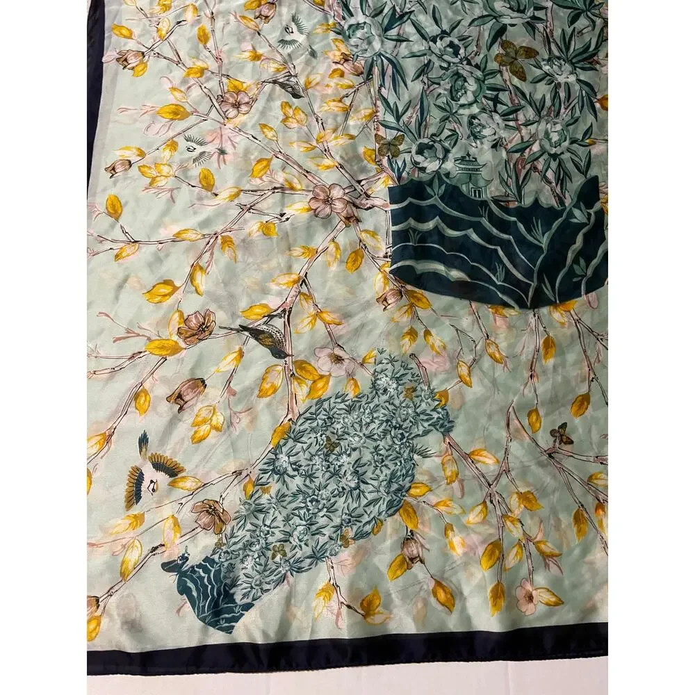 Women's Light Green Scarf 68 X‎ 36 Bird's Flowers and Planted Tree Rolled Hem